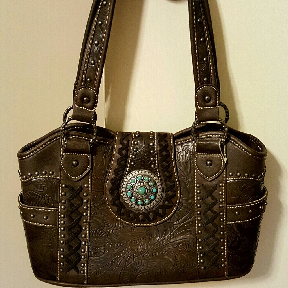 Western Leather Purse Handbag with Turquoise
